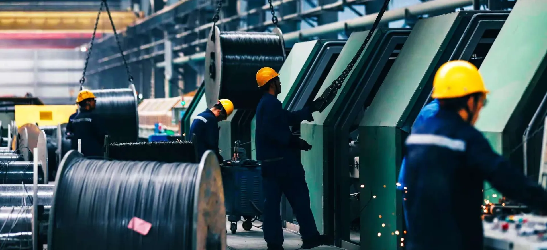 Wire processing equipment and reels in a production workshop